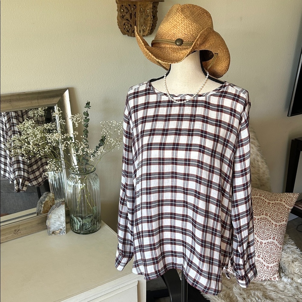Ann Taylor loft white navy maroon plaid long sleeve boxy sheer blouse top M​​